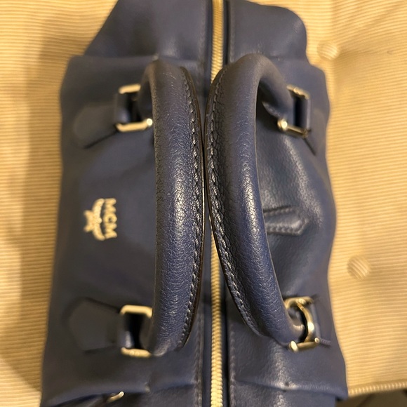 MCM Slate Blue Pebbled Saffiano Leather Satchel - Picture 13 of 17